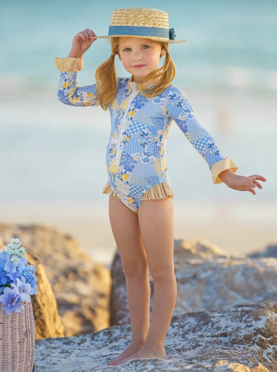 Buttercup Patchwork Rash Guard One Piece Swimsuit