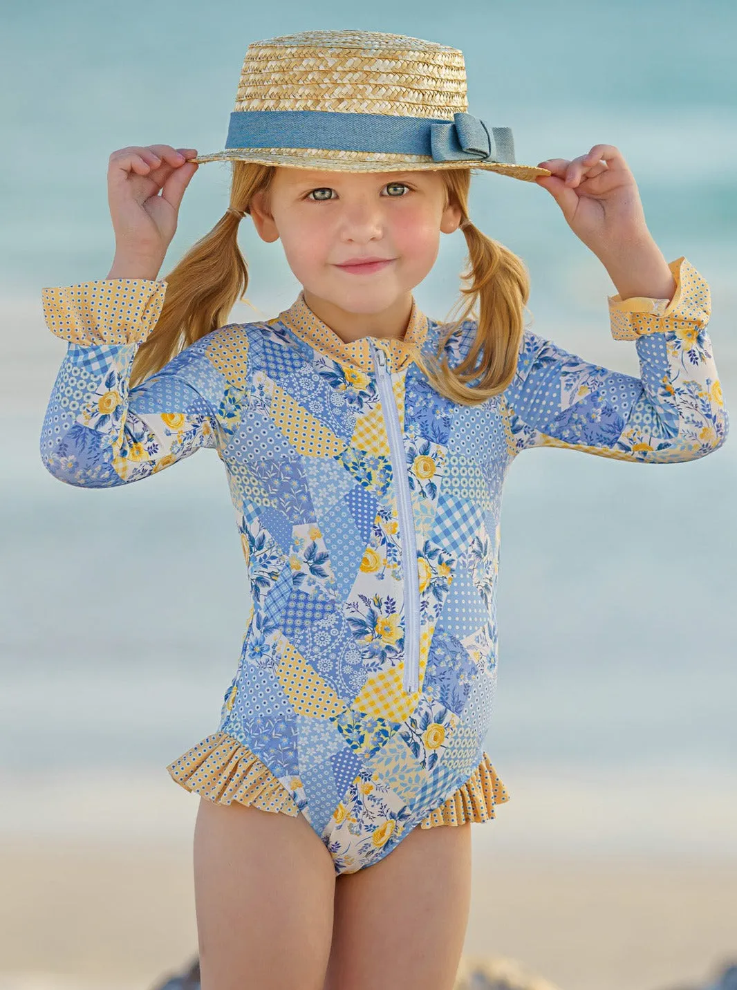 Buttercup Patchwork Rash Guard One Piece Swimsuit