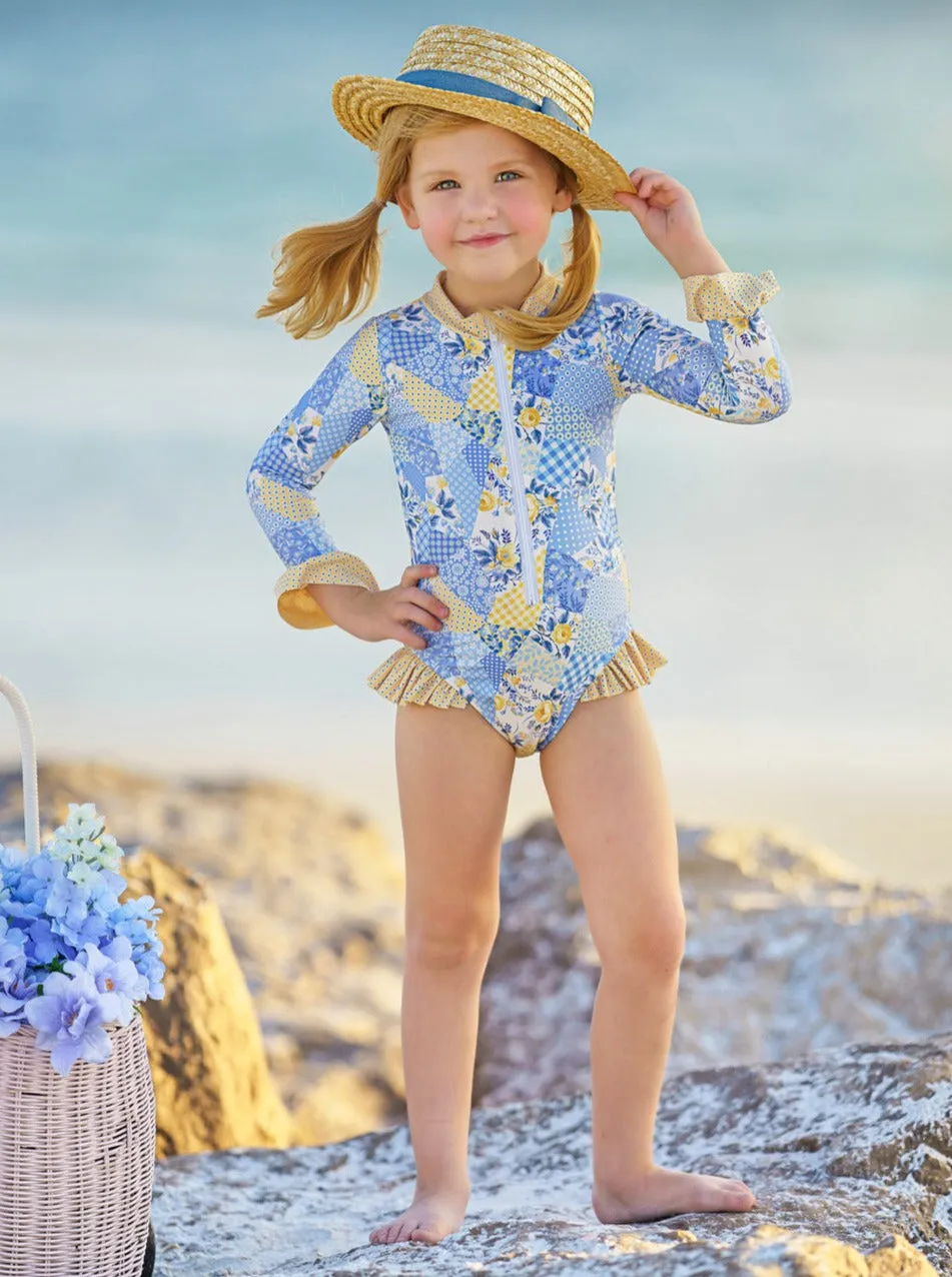 Buttercup Patchwork Rash Guard One Piece Swimsuit