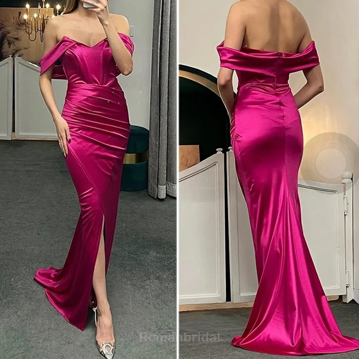 Elegant Off the Shoulder Fuchsia Mermaid Front Slit Satin Bridesmaid Dresses Online, BG497