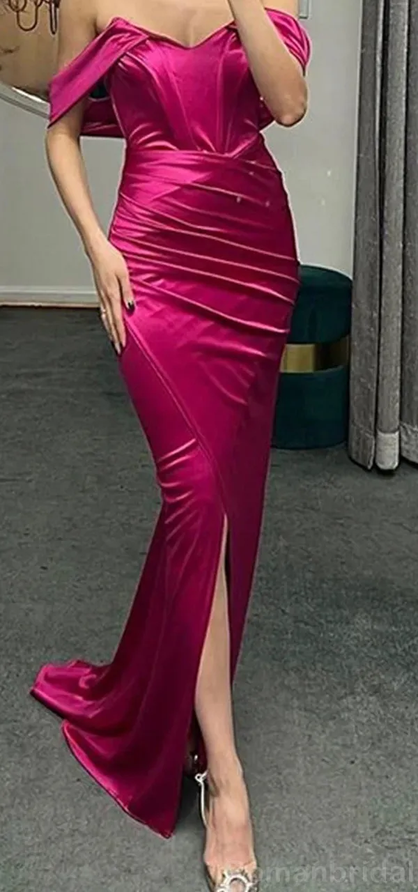 Elegant Off the Shoulder Fuchsia Mermaid Front Slit Satin Bridesmaid Dresses Online, BG497