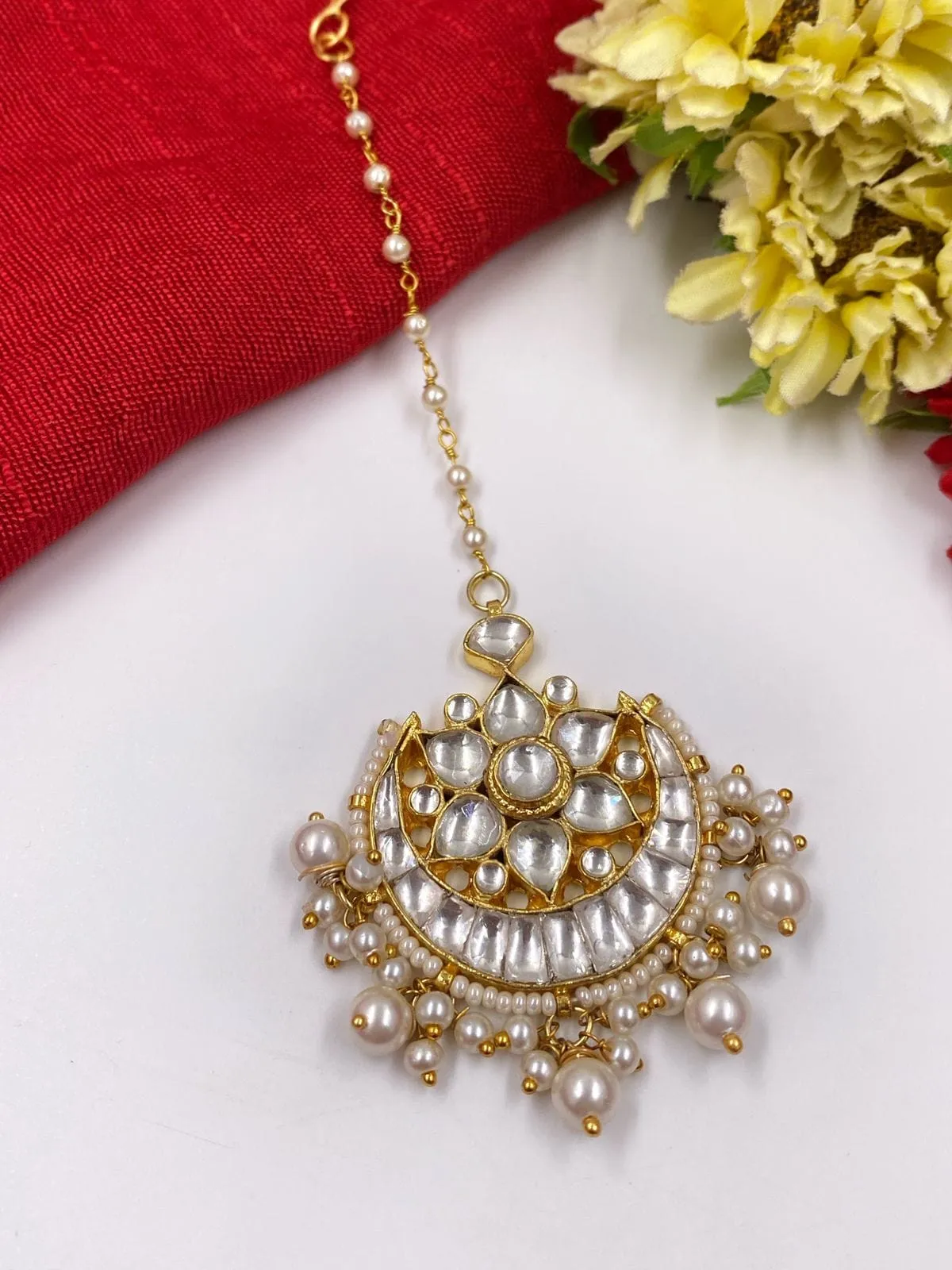 Gold Plated Jadau Kundan And Pearl Maang Tikka For Ladies By Gehna Shop