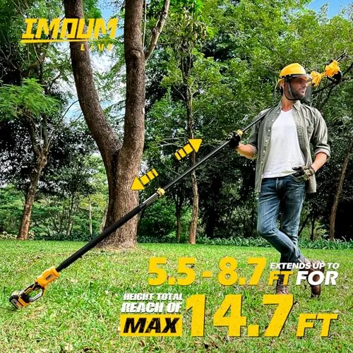 IMOUMLIVE 2-IN-1 Cordless 8 Inch Pole Saw & Chainsaw, 21V 3Ah Battery, 14.7ft Max Reach, 8.3lb Lightweight, Powered Pole Saws for Tree Trimming, Tree Trimmer for Branch Cutting