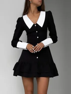 Lapel Color Block Black Mini Dress