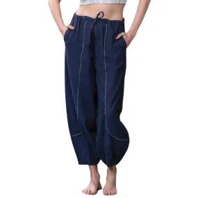 Navy-Blue Harem Pants for Women | 100% Cotton Yoga Harem Pants with Pockets | Loungewear for Women