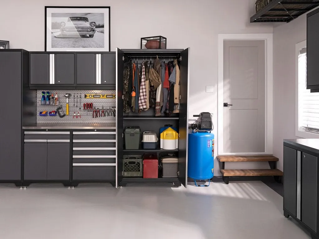 NEWAGE | Pro Series 7 Piece Cabinet Set with Base, Wall, Tool Drawer Cabinet, Lockers and 56 in. Worktop