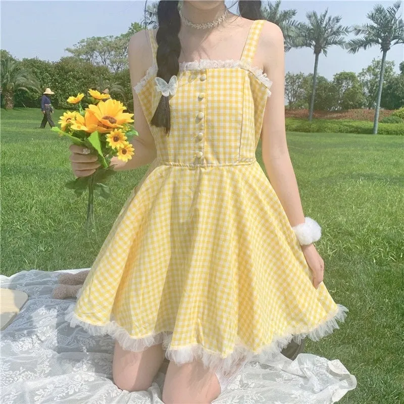 Summer Kawaii Lolita Strap Dress Women Patchwork Lace Japanese Sweet Cute Mini Dresses Yellow Plaid Fairy Tale Casual Dress