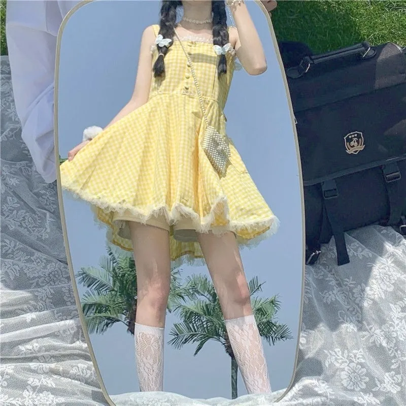 Summer Kawaii Lolita Strap Dress Women Patchwork Lace Japanese Sweet Cute Mini Dresses Yellow Plaid Fairy Tale Casual Dress