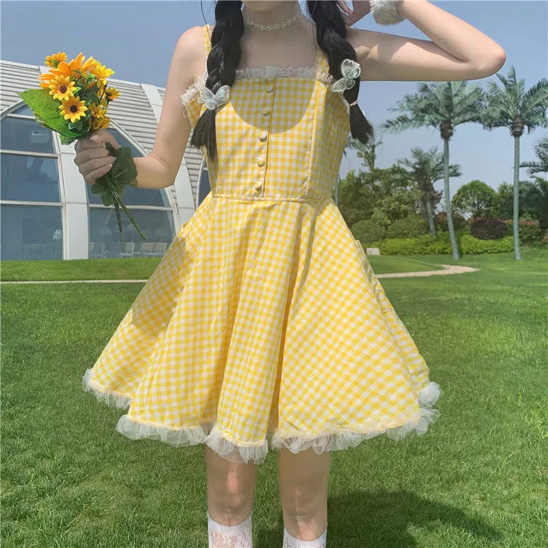 Summer Kawaii Lolita Strap Dress Women Patchwork Lace Japanese Sweet Cute Mini Dresses Yellow Plaid Fairy Tale Casual Dress