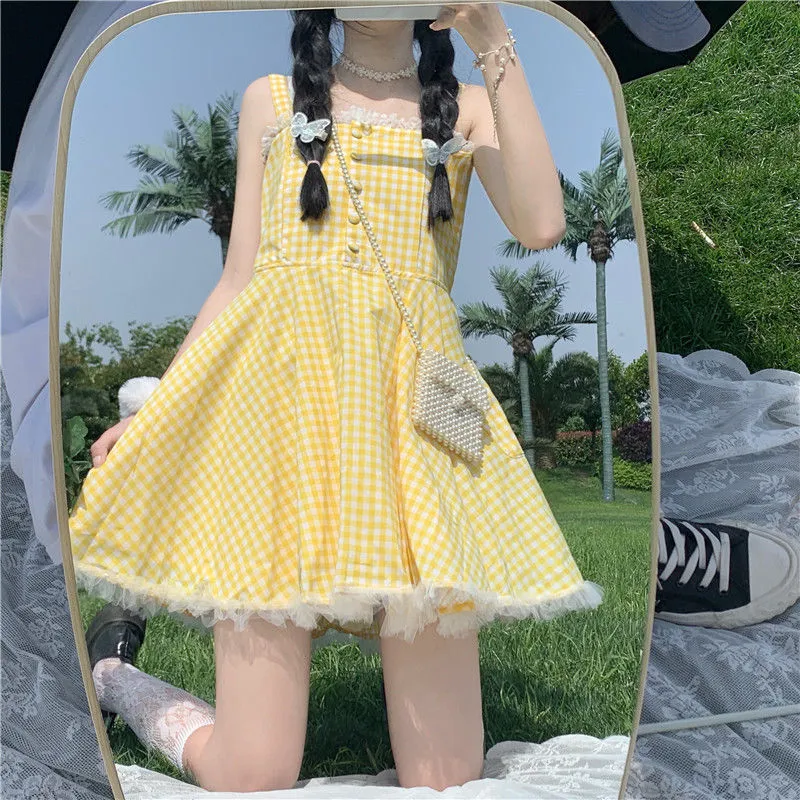 Summer Kawaii Lolita Strap Dress Women Patchwork Lace Japanese Sweet Cute Mini Dresses Yellow Plaid Fairy Tale Casual Dress