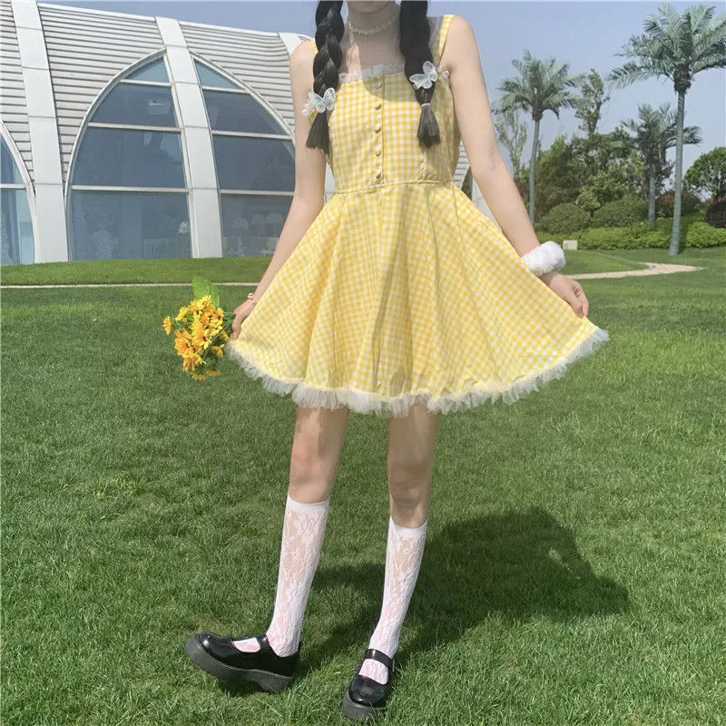 Summer Kawaii Lolita Strap Dress Women Patchwork Lace Japanese Sweet Cute Mini Dresses Yellow Plaid Fairy Tale Casual Dress