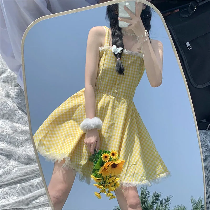 Summer Kawaii Lolita Strap Dress Women Patchwork Lace Japanese Sweet Cute Mini Dresses Yellow Plaid Fairy Tale Casual Dress