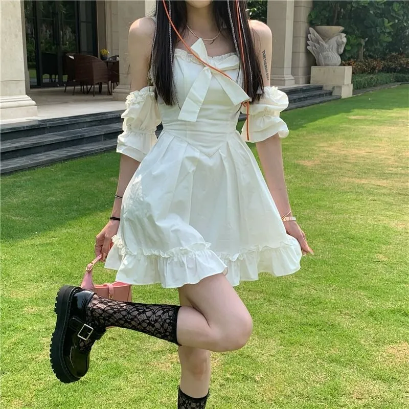 White Kawaii Fairy Strap Dress Women Patchwork Off Shoulder Sexy Party Mini Dresses Bow Ruffle Sweet Cute Princess Sundress