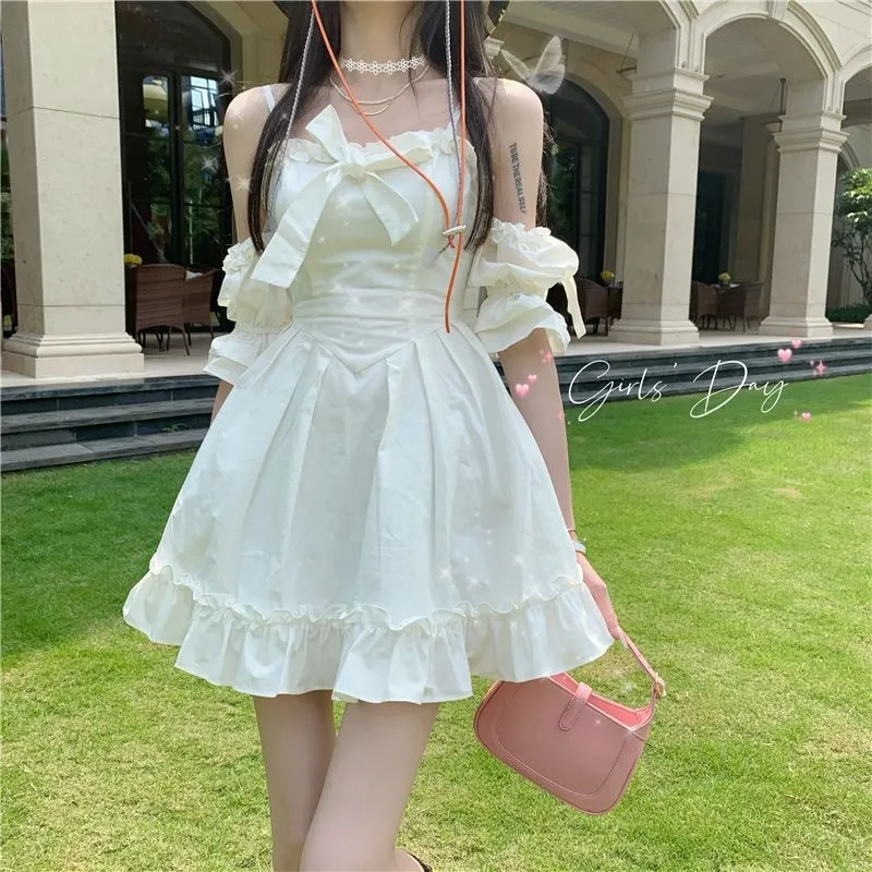 White Kawaii Fairy Strap Dress Women Patchwork Off Shoulder Sexy Party Mini Dresses Bow Ruffle Sweet Cute Princess Sundress