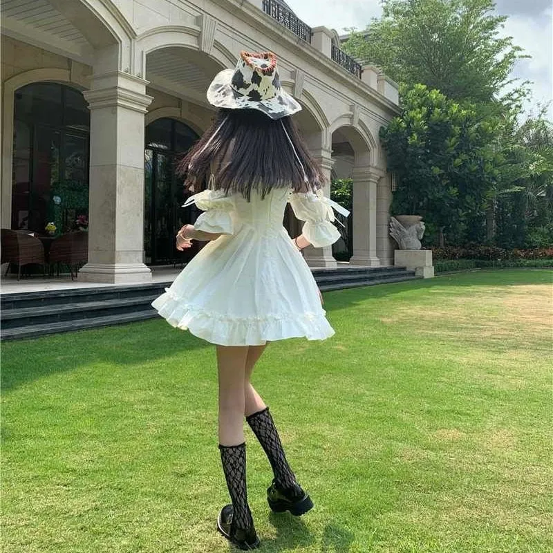 White Kawaii Fairy Strap Dress Women Patchwork Off Shoulder Sexy Party Mini Dresses Bow Ruffle Sweet Cute Princess Sundress