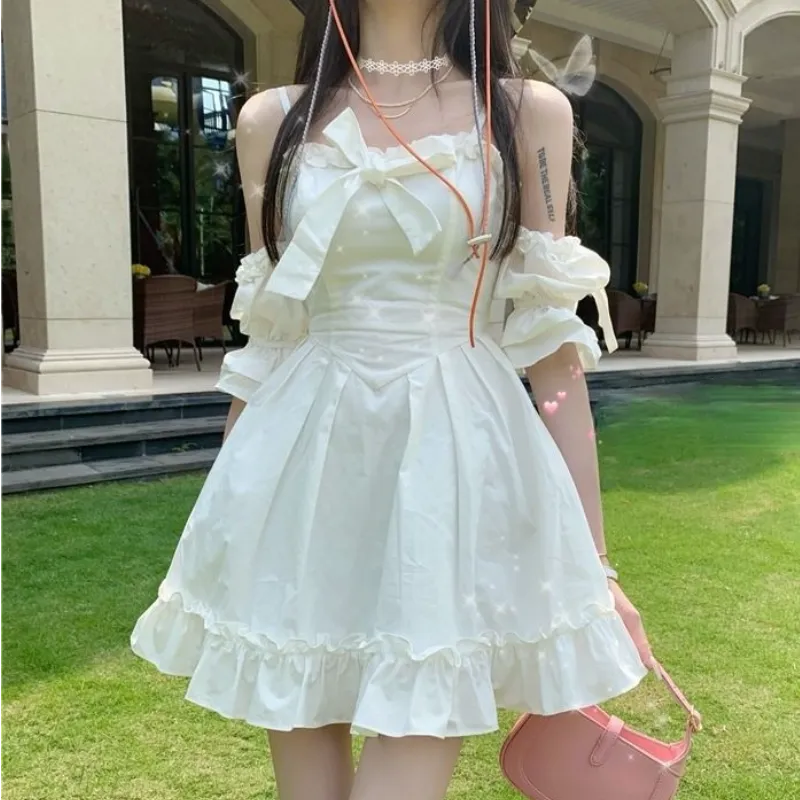 White Kawaii Fairy Strap Dress Women Patchwork Off Shoulder Sexy Party Mini Dresses Bow Ruffle Sweet Cute Princess Sundress