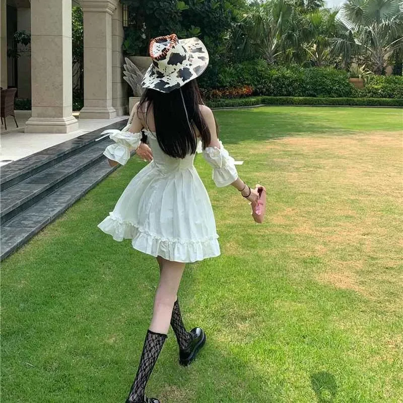 White Kawaii Fairy Strap Dress Women Patchwork Off Shoulder Sexy Party Mini Dresses Bow Ruffle Sweet Cute Princess Sundress